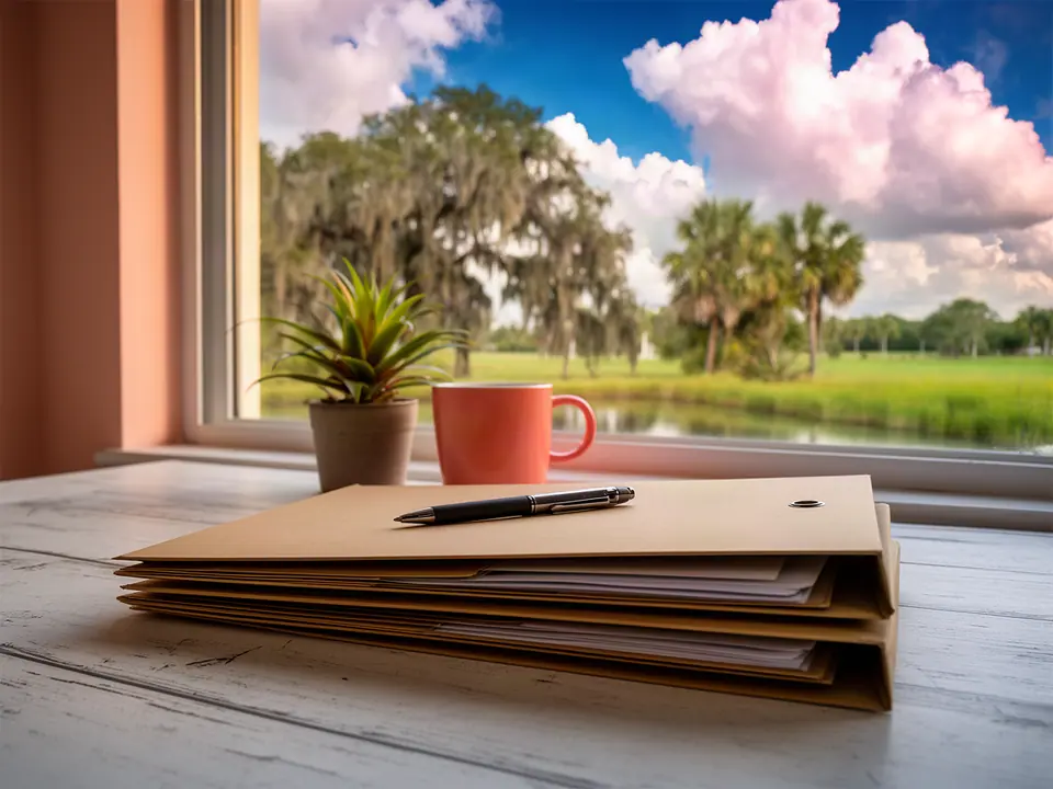 Manila folders, a pen and a coral mug on a desk by a window onto live oaks and palms